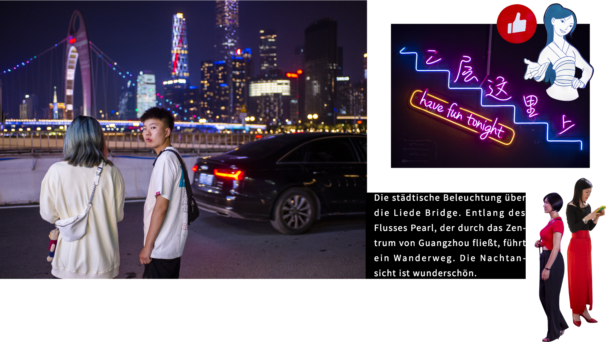 Die städtische Beleuchtung über die Liede Bridge. Entlang des Flusses Pearl, der durch das Zentrum von Guangzhou fließt, führt ein Wanderweg. Die Nachtansicht ist wunderschön.