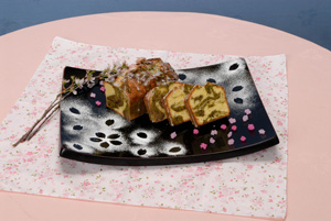 写真は第12回（前回）「辰巳琢郎が選ぶお菓子コンクール」東京全日空ホテル賞 作品名： 「そば粉とお茶のマーブルケーキ」