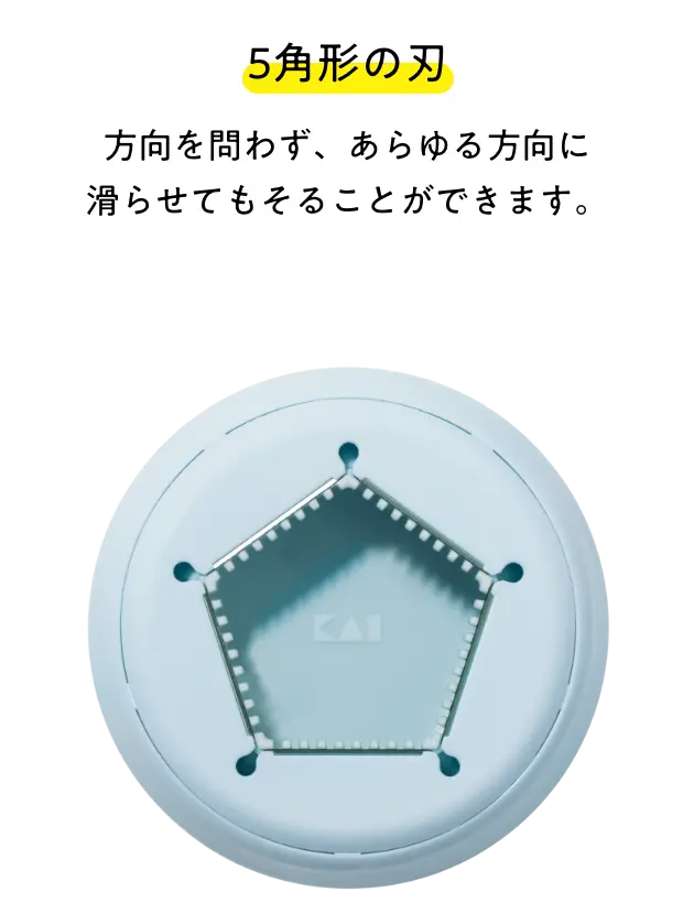 5角形の刃 方向を問わず、あらゆる方向に滑らせてもそることが出来ます。