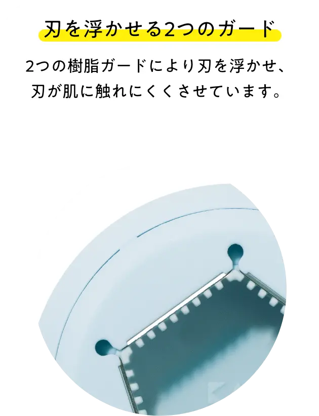 刃を浮かせる2つのガード 2つの樹脂ガードにより刃を浮かせ、刃が肌に触れにくくさせています。