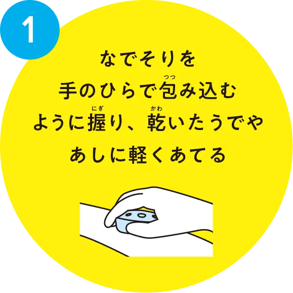 なでそりを手のひらで包み込むように握り、乾いた腕や足に軽くあてる