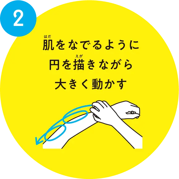 肌をなでるように円を描きながら大きく動かす