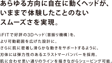 あらゆる方向に自在に動くヘッドが、いままで体験したことのないスムーズさを実現 iFITで好評の3Dヘッド（首振り機構）を、より可動範囲を広げた設計に。さらに肌に密着し滑らかな動きをサポートするように、刃体には弾力性のあるエラストマーバンパーを採用。肌に合わせ思い通りのラインを描きながらシェービング可能。