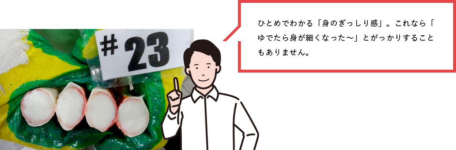 ひとめでわかる「身のぎっしり感」。これなら「ゆでたら身が細くなった～」とがっかりすることもありません。