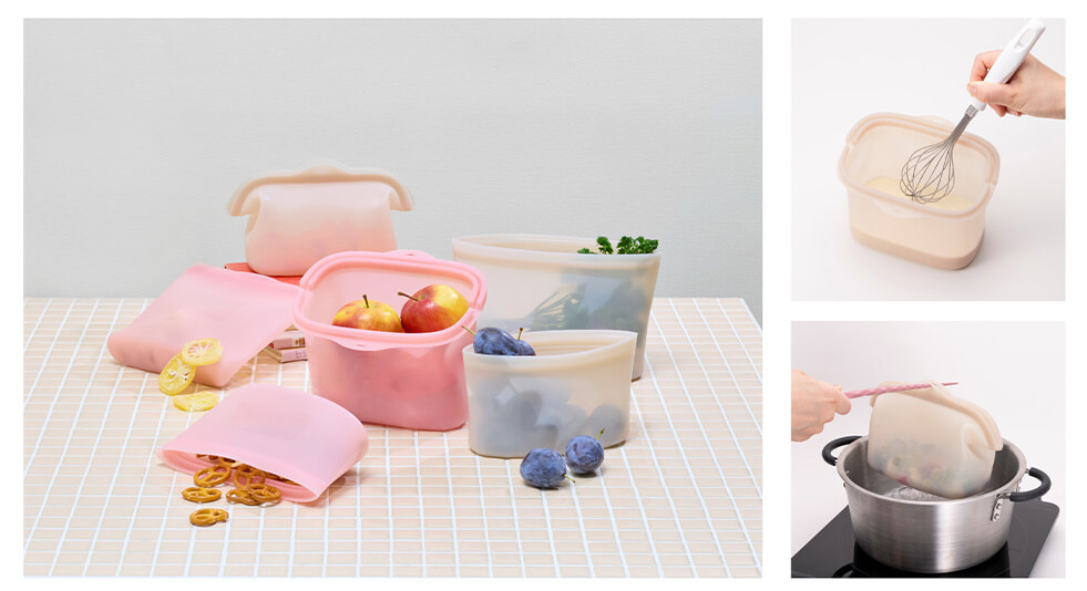 下ごしらえ、加熱調理、保存までできる万能シリコーンバッグにしっかり口がひらくタイプが新登場！